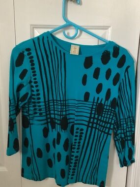 Teal Black Abstract Print Long-Sleeve Women's Top